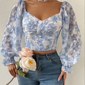 Women's Floral Print Flounce Sleeve Ruched Crop Blouse